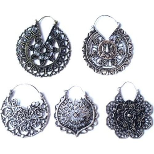 BOG-Pair Brass Copper Tribal Indian Spiral Drop Earring Weight Flower Charming Ear Hoop Jewelry Dangle Ear Piercing Style 20g