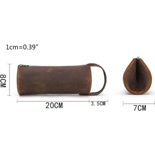 Retro Cowhide Leather Zipper Pencil Case High Capacity School Office Pen Bag Pouch Stationery Supplies