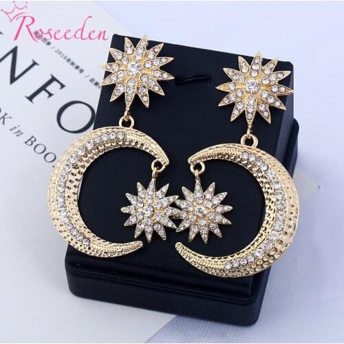 Gold Silver Color Big Moon Star Earrings For Girl Women Wedding Dangle Earrings RE4182