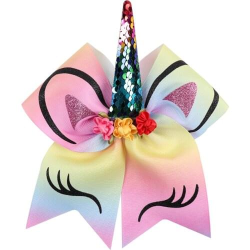 Retail 8inch boutique shimmer glitter sequin unicorn horned hair bow with elastic hair bands
