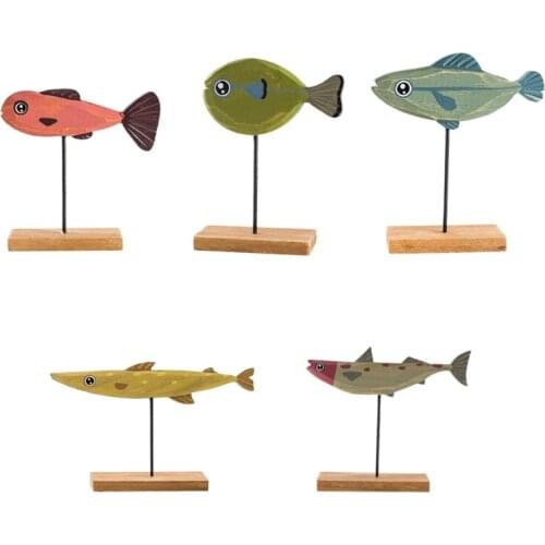 Mediterranean Nautical Theme Wooden Fish Ornament with Stand Base Colorful Seafish Animal Home Table Desktop Decoration