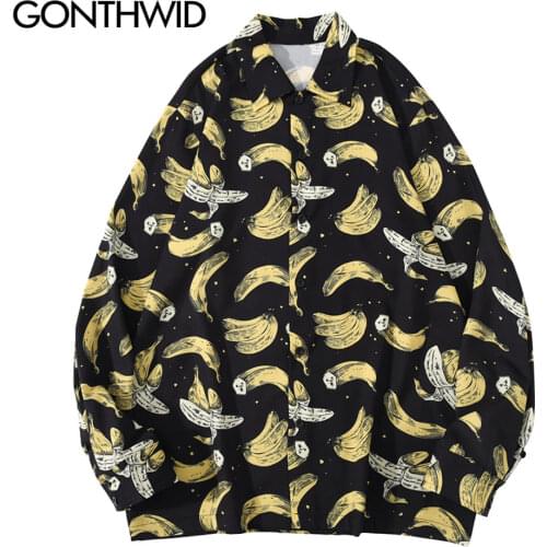 GONTHWID Banana Print Hawaiian Long Sleeve Shirts Streetwear Men Women Hip Hop Harajuku Casual Holiday Party Beach Blouse Tops