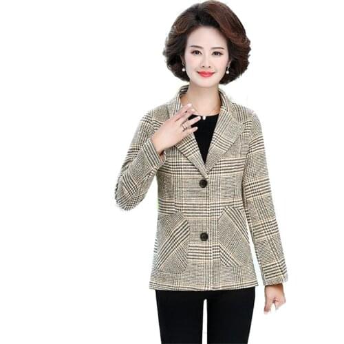 Middle-Aged Elderly Womens Plaid Woolen Jacket 40-50 Years Old Western Style Suit Collar Loose Spring Autumn Female Coat A76