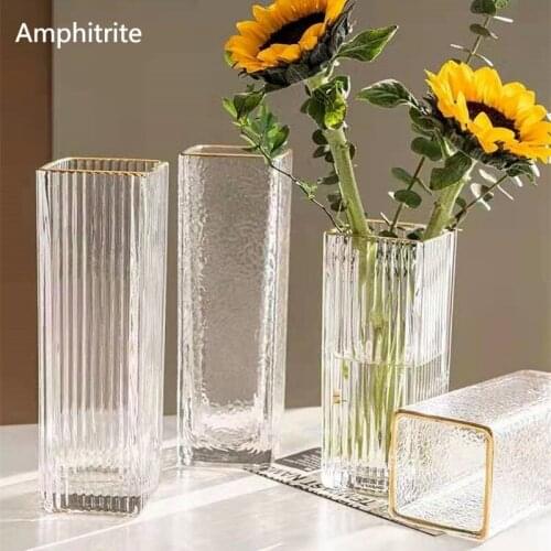 Square Nordic Glass Vases Room Be Decoration Transparent Table Water Hydroponia Flower Dried Rope Floral Vase Gold Diy Terrarium
