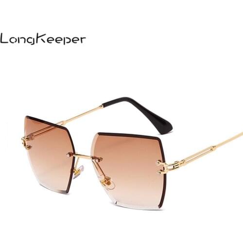 LongKeeper Fashion Rimless Square Sunglasses Women Luxury Brand Gradient Lens Brown Sun Glasses UV400 Eyewear zonnebril dams