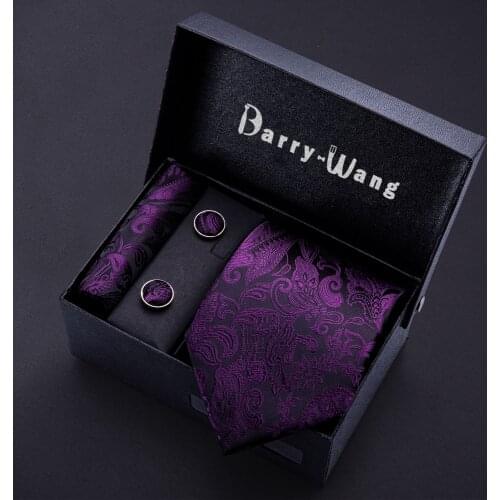 Mens Wedding Tie Goom Purple Paisley Silk Tie Pocket Square Barry.Wang Fashion Designers Neck Tie For Men Gift Box Set BB-5134