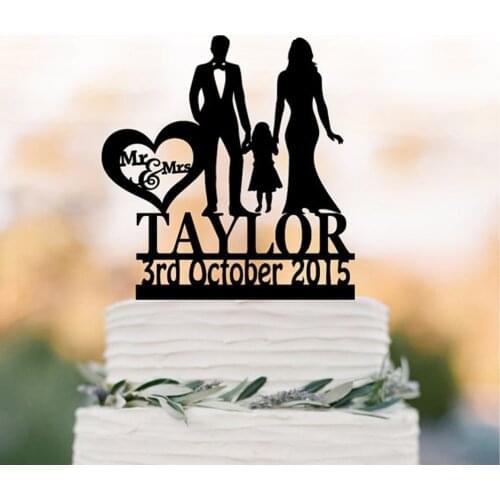 Family funny Wedding Cake topper with girl, Custom wedding cake toppers Acrylic Silver wedding cake topper with child silhouett