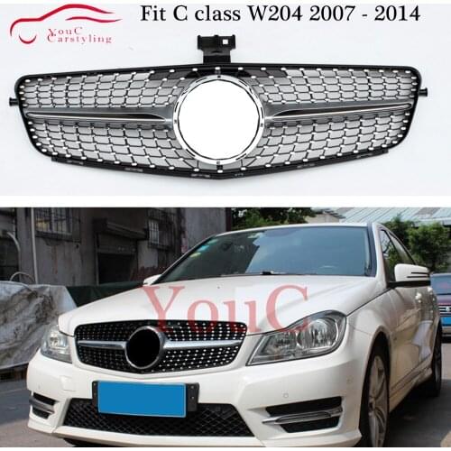 W204 Diamonds grille Front Bumper Grill Mesh fit for Mercedes C W204 2007 - 2014 C180 C200 C250 C280 C300 C350 Silver Black Hood
