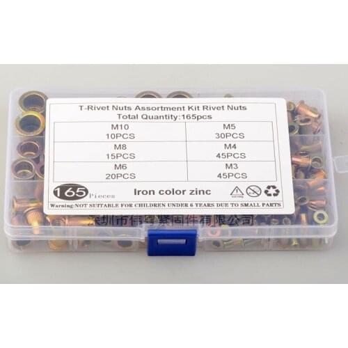 165Pcs/Lot GB/T 17880.1-1999 Flat Head Riveted Nuts 4.8 Grade Carbon Steel Color-Zinc Plating M3/4/5/6/8/10 Nuts Set