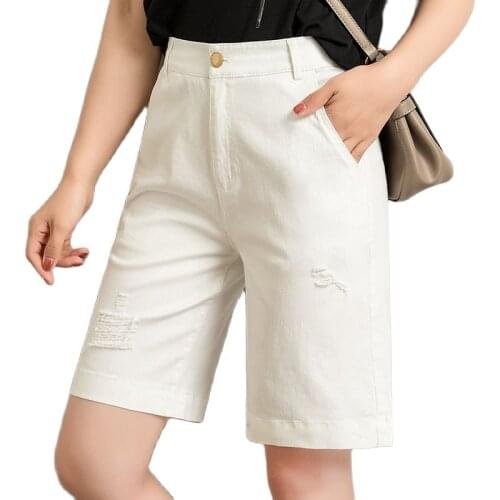 Womens White Denim Shorts Knee Length For Summer New Five-Point Pants Korean Style Slim Casual Denim Cotton Suit Short Pants