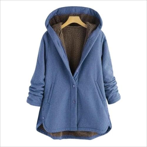 Plus Size Women Long Parkas Coats Vintage Plaid Thick Fleece Jacket Winter Female Hooded Warm Asymmetrical Button Outerwear