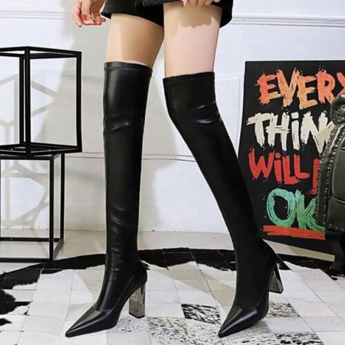 Fashion Trend New Chunky Metal Heel Women Over Knee High Boots Slip-on Skintight Sexy Pointed Toe Thigh High Long Ladies Booty