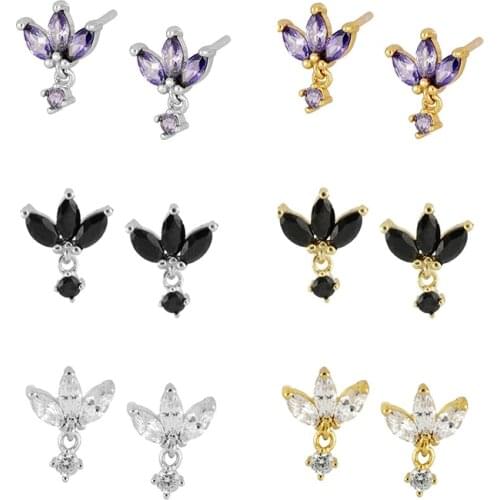 Exquisite Crystal Flower Stud Earrings for Women 925 Sterling Silver Earrings for Girls Black Purple Zircon Jewelry Females Gift