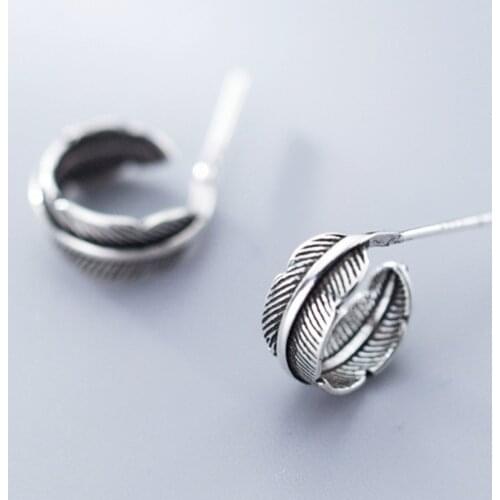 Fashion Womens S925 Retro Thai Silver Forest Ethnic Style Leaf Feather Stud Earrings E3439