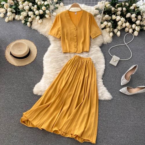 Teeuiear V Neck Button Summer short top two piece outfits office suit Women Casual set OL Elegant high waist long pleated skirt