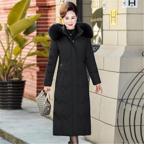 2019 New Cotton Long Section Female Over The Knee Long Section Big Size Slim Down Cotton Hooded Large Fur Collar Ladies Coat170