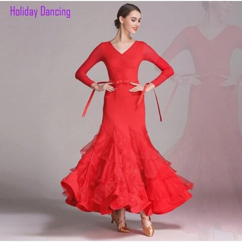 2021 New GB490 Yarn Puffy Latin Dance Dress Women Performance Long Sleeve V Neck Modern Dance Dress Latino Dancewear