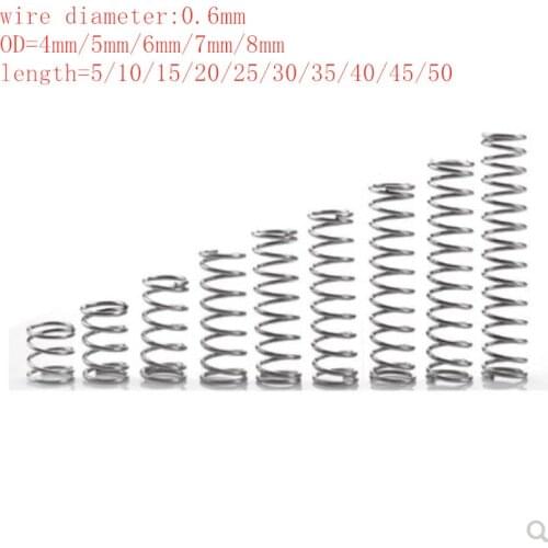 20pcs/lot 0.6mm Stainless Steel Micro Small Compression spring OD 4mm/5mm/6mm/7mm/8/10mm length 10mm to 50mm