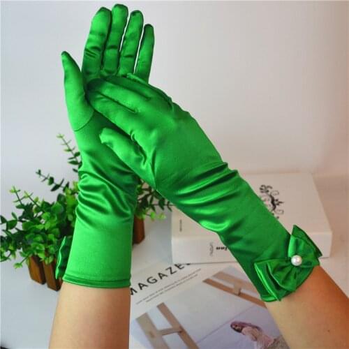 11”Green Yellow Satin Princess Girls Gloves for Birthday Long Cosplay Bridal Accessories Flower Girl Glove with bow Costume gift
