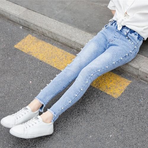 Jeans 7/8 New Baby Girls Pearls Denim Trousers 2020 Girls Jeans Pants Spring Fall Kids Clothing Children Pants Casual Trousers