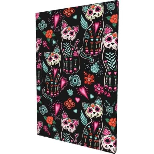 Canvas Wall Decor Art Painting Print, The Dead Cat Kitten Sugar Skull with Floral Home Decoration Artwork Framed Picture