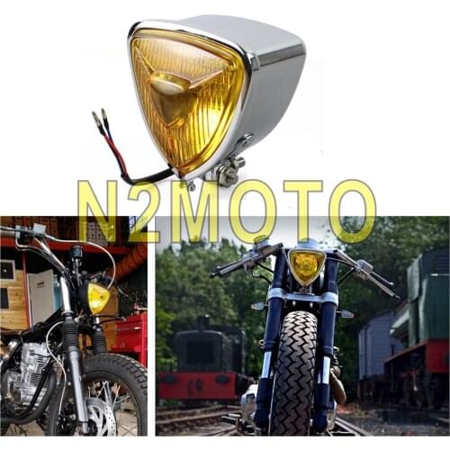 Chrome Motorcycles Vintage Triangle Headlight H4 12V 55/60W Head Lamp for Harley Chopper Cruisers Custom with Amber Lense
