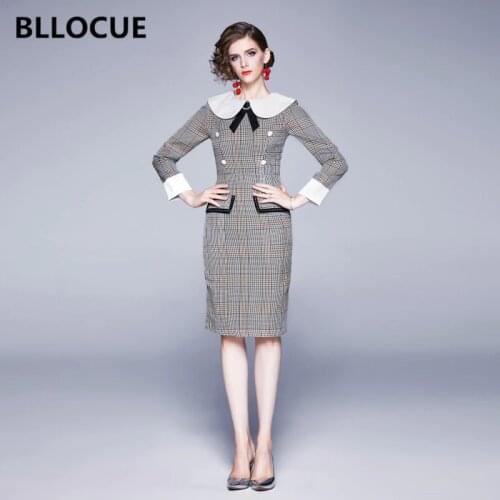 BLLOCUE Fashion Runway Designer Vintage Plaid Dress 2019 Winter Long Sleeve Knee-Length Bodycon Pencil Office Work Dress
