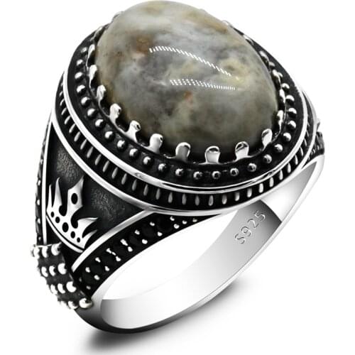925 Sterling Silver Mens Ring With Natural Crazy Agate Stone Retro Punk Thai Silver Aqeeq Ring Male Turkish Female Jewelry
