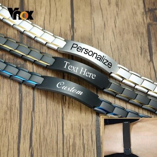 Vnox Stylish 12mm Width Mens Bracelet Free Personalized Custom ID Tag Stainless Steel Watchband Chain Jewelry To Husband Father