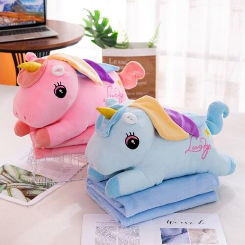 2 In 1 Plush Pillow with Blanket Cute Cartoon Rainbow Unicorn Shaped Throw Pillows Cushion Toys Nap Break Air Conditioning Quilt