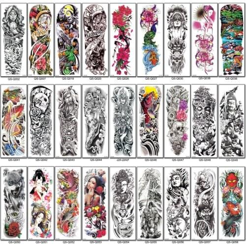 New Full Arm Temporary Tattoo Sleeves Buddha geisha Peacock peony dragon skull Tattoos Stickers thigh waist tattoo for women men