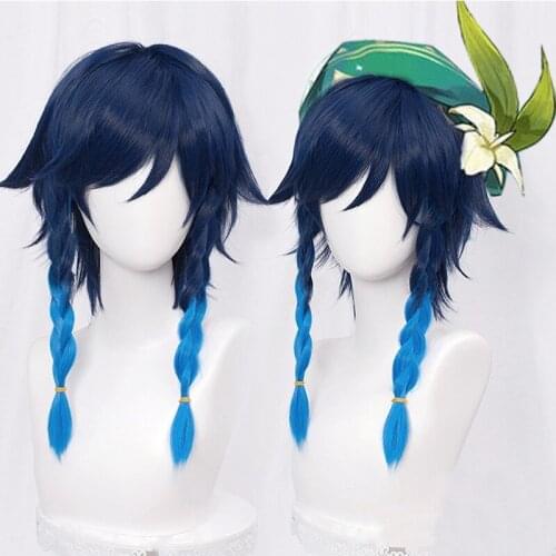 Genshin Impact Venti Cosplay Costume Accessories Unisex Blue Braid Wig Halloween Anime Game Heat Resistant Synthetic Wig