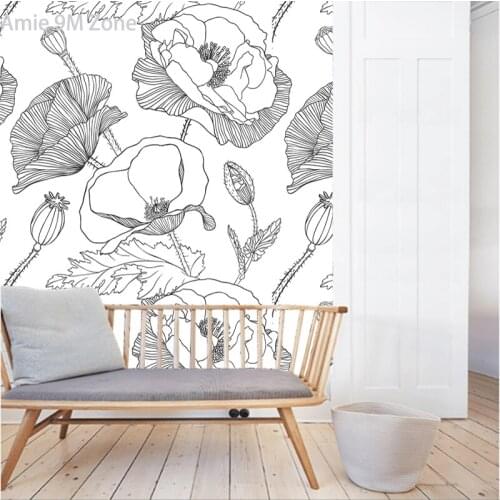 Tuya Art grey pencil drawing big florals design for living room and bedroom wall decor wallpapers discount