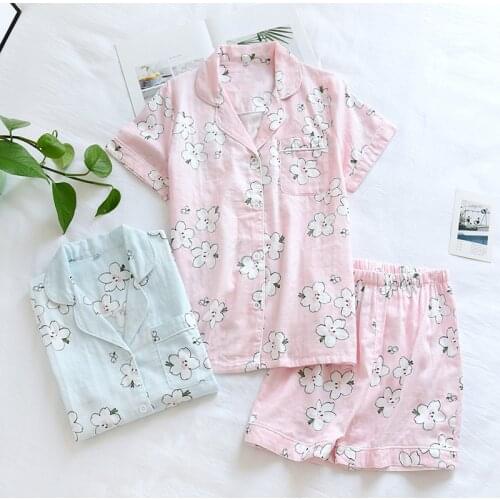 Japanese summer new pajamas two-piece cotton gauze short-sleeved shorts pajamas cover cute cartoon flowers home service suit