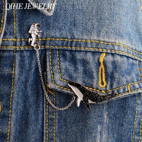 QIHE JEWELRY Astronaut and whales Cartoon brooches Pins Fish Lapel pins Badges Women fashion jewelry Pins wholesale Gift for her