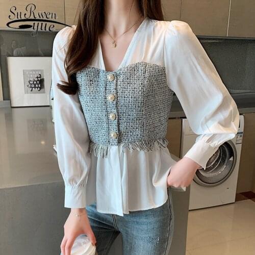 Fashion Korean Style Spliced Chiffon Long Sleeve Women Blouse Solid White Shirt Office Lady Tops V-neck Feminina shirt 8110 50