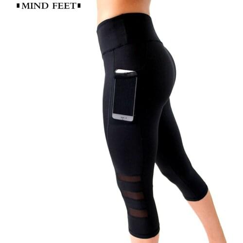 MIND FEET Women Elastic Fitness Leggings Mesh Patchwork High Waist Black Sexy Sporting Capri Pants With Pocket Cropped Trousers