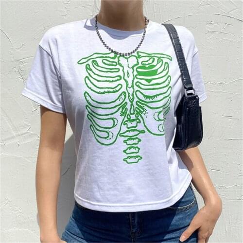 Hirigin Women Gothic Short Sleeve Crop Tops Y2K T-shirts Graphic Print Tee Shirt Summer Punk Clothes Skeleton Rib Cage T Shirts