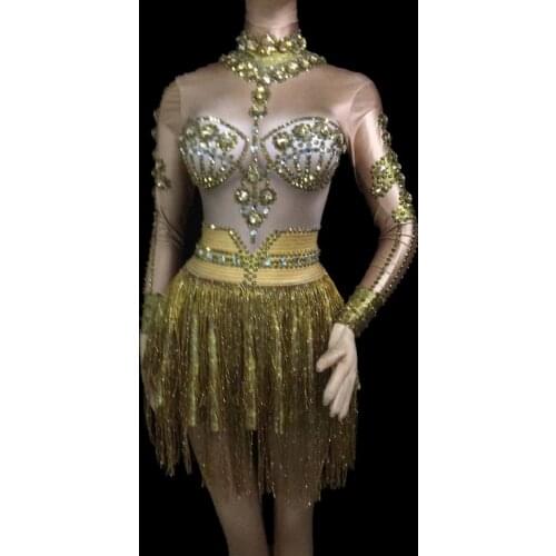Womens DJ Singer Dance Long Sleeves Gogo Dance Costumes Sexy Stage fringe Sparkly Gold Rhinestones Tassel Dresses Stage Costume