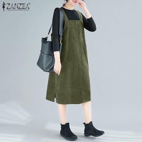 Women Corduroy Overalls Dress ZANZEA Vintage Straps Suspenders Sundress Autumn New Solid Sleeveless Pockets Midi Vestidos 5XL