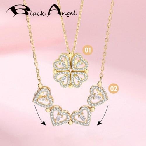 BLACK ANGEL Ladies Creative Lucky Four-Leaf Clover Necklace Inlaid CZ Romantic Small Love Heart Pendant for Women Jewelry Gift