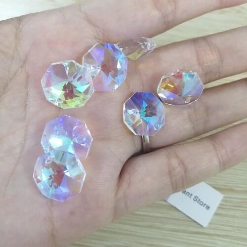 Camal 20pcs (One Hole) AB Color 14mm Crystal Octagonal Loose Bead Prisms Chandelier Lamp Parts Wedding Centerpiece Hanging DIY