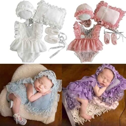 5Pcs/Set Baby Hat+Pillow+Romper Jumpsuit+Shoes+Headwear Newborn Photography Props Infants Photo Shooting Costume Outfits