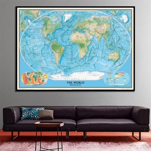 A2 Size Fine Canvas Printed The World Physical Map with World Climate And Tectonics Unframed Wall Map For Home Decoration