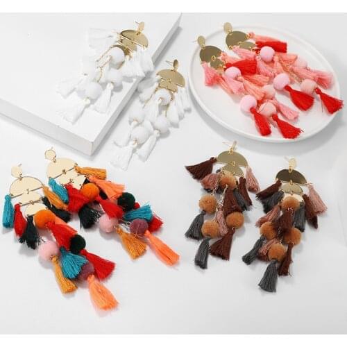 Bohemian Big Tassel Long Drop Earrings for Women Beach Style Cotton Silk Fabric Fringe Earrings Statement Earrings 2020 Aretes