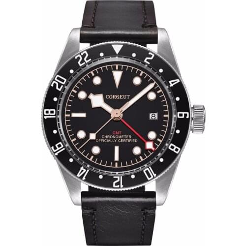 Corgeut Luxury Top Brand Mechanical Watch Man Sapphire Glass GMT Men Automatic Military Sport Swim Clock Leather Mens WristWatch