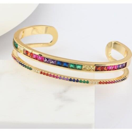 Double Layer Gold filled blue green red white baguette cubic zirconia Open cuff bangle bracelet women fashion rainbow jewelry