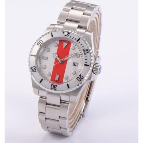 40MM White Red Dial Sapphire Glass Ceramic Bezel Seeing Case Back MIYOTA 8215 Automatic Mens Wristwatch