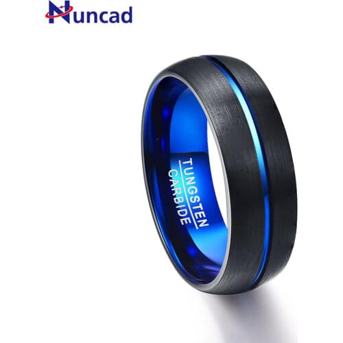 Nuncad Mens 8mm Blue Plated Tungsten Carbide Wedding Band Ring Matte Finish Grooved Size 7 to 12