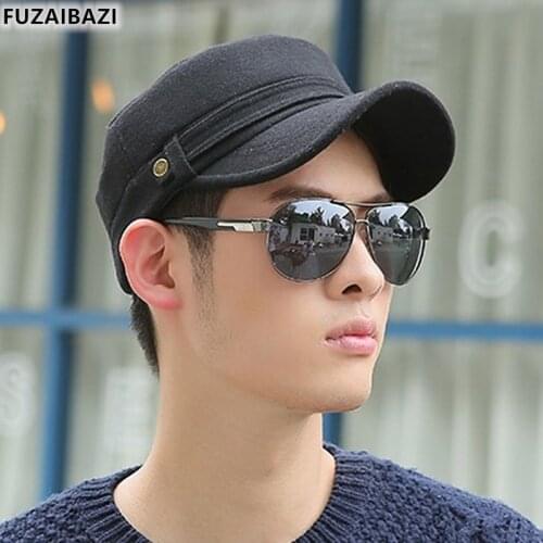 FUZAIBAZI New Youth Mens Winter Warm Earmuffs Military Hat Adjustable Size Solid Color Flat-Top Tongue Cap Trendy Wild Sunhat